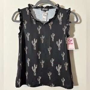 Black and White Ruffled Tank Top with Cactus Print